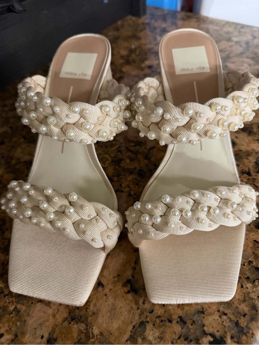 Dolce Vita Pearl-Embellished Braided Strap Mules in Ivory